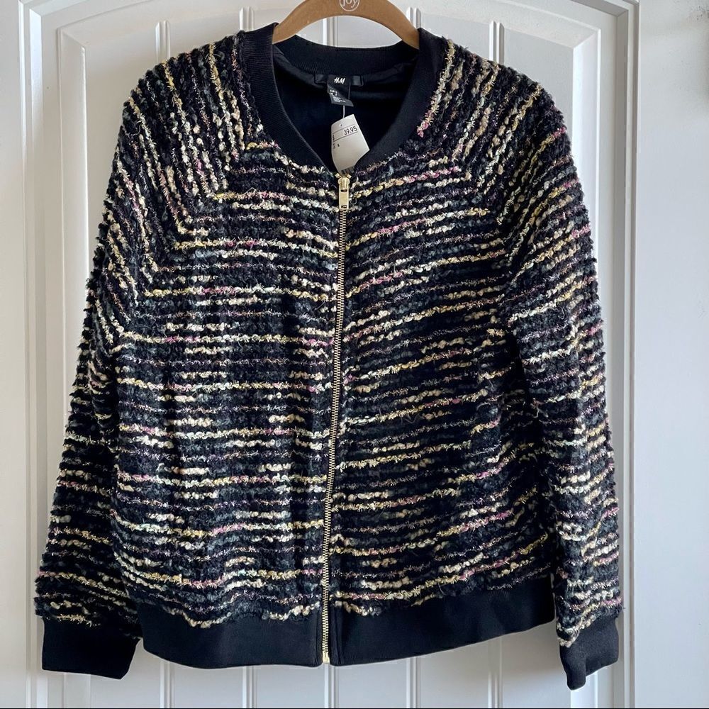 H&M Black Bouclé Wool Blend Long Sleeve Cardigan with Metallic Detail SZ S BNWT